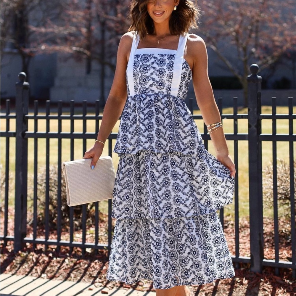 Vici Navy and White Patterned Midi Dress